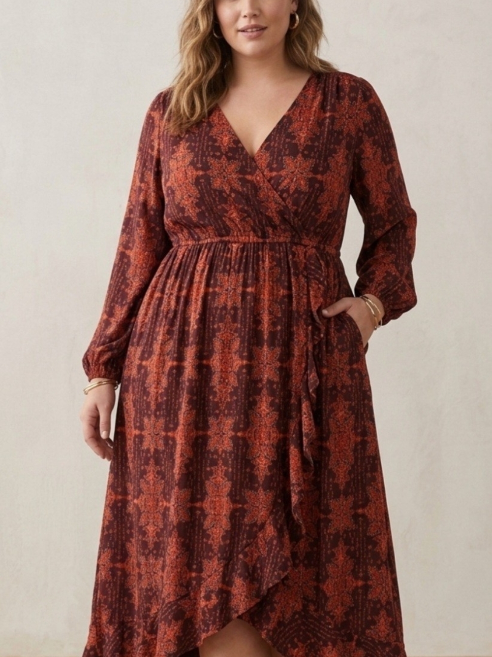 Torrid Boho Midi Dress Crinkle Gauze Ruffle Surplus Orange Medallions On Red...
